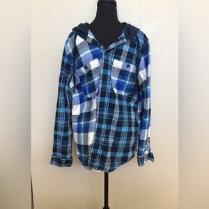 Original Use Navy and Cream Plaid Hooded Shirt